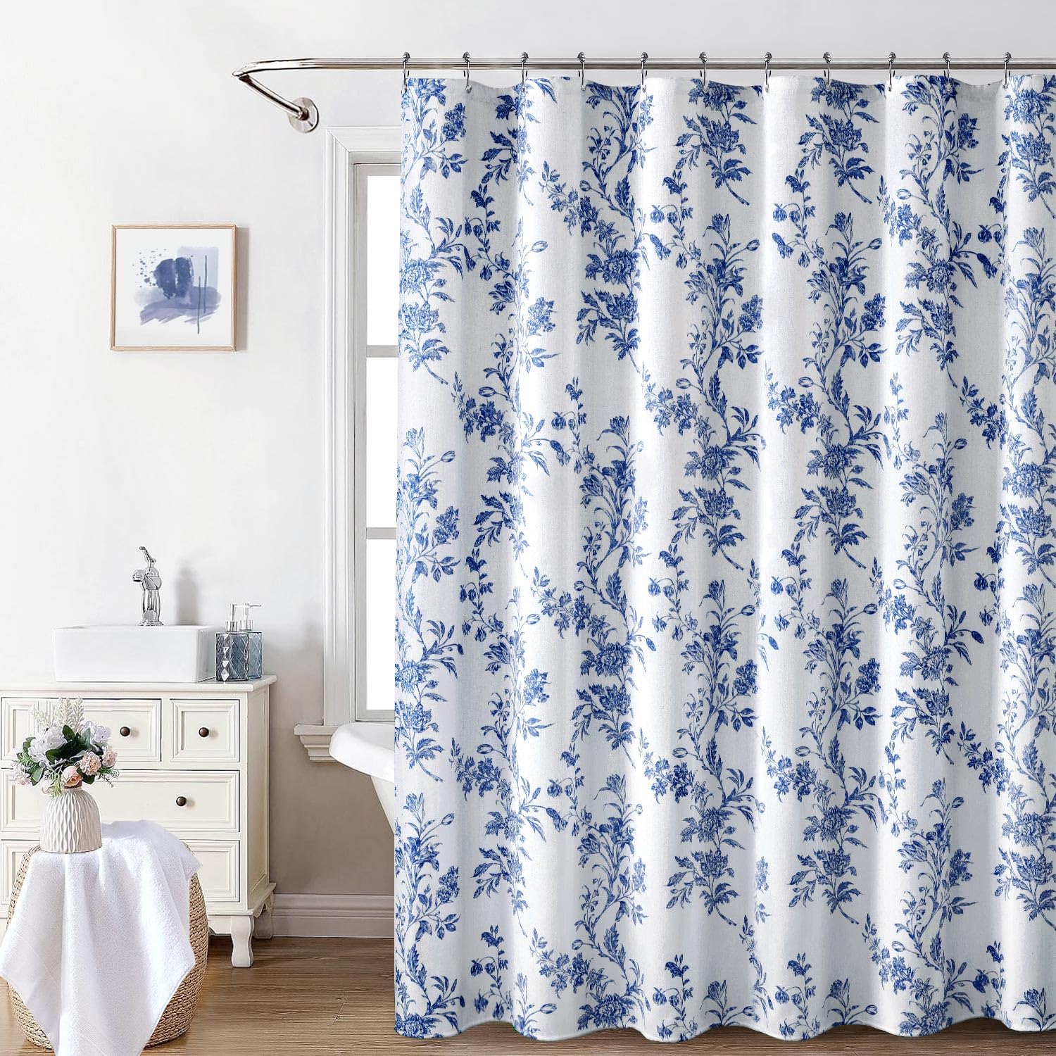 Awellife Blue Shower Curtain,Cotton Floral Cottagecore Shower Curtain For Bathroom 72' W X 72' L